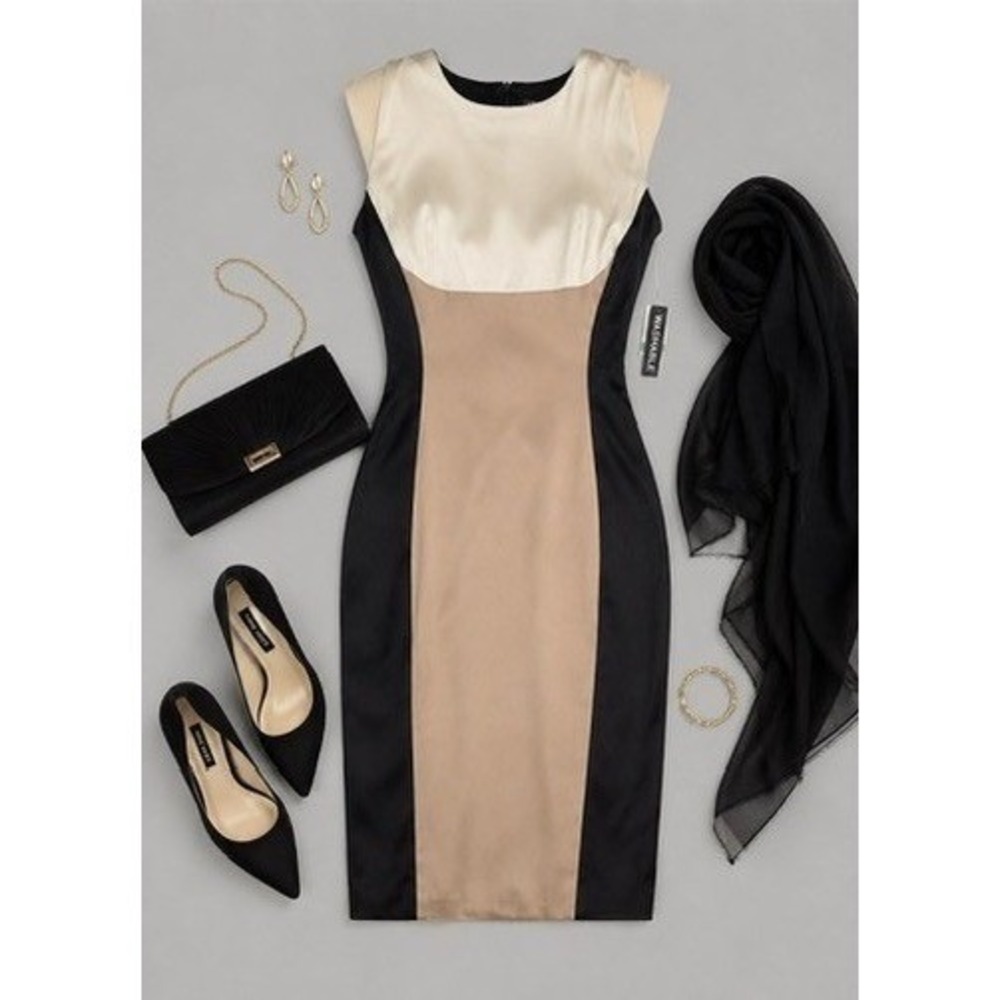 NWT J. Taylor Women's Colorblock Sheath Dress Black, Tan, Cream, Size 8